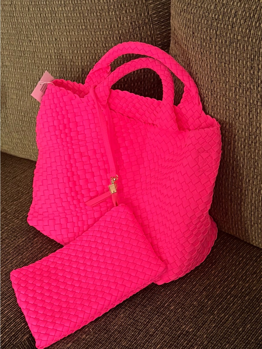 Ah dorned Hot Pink Woven Tote Bag with Matching Pouch - Women Bags - Picture 2 of 7
